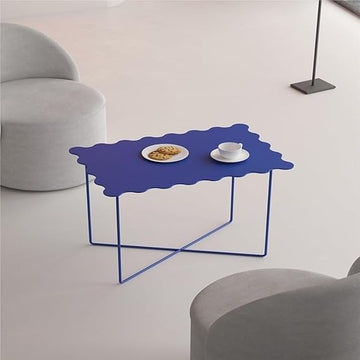 Modern Coffee Table, Blue Metal Frame, Unique Wave Design, 60W x 40D x 50H cm