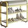 Modern Entryway Shoe Storage Bench with Cushion, Gold Metal Frame, 3-Tier Rack, Grey Padded Seat, 23.6x12.5x20.4 Inches
