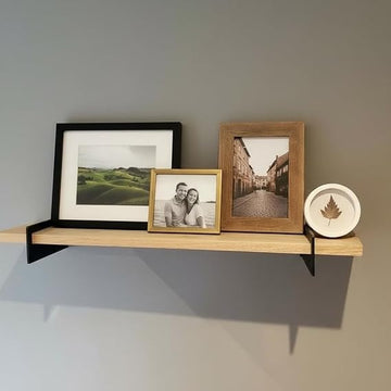 Modern Wooden Wall Shelf with Black Metal Brackets, Display Shelf for Photos and Decor, Natural Wood Finish