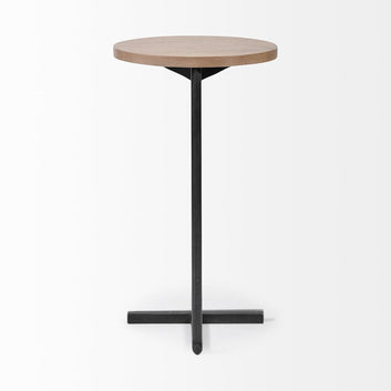 Modern Round Side Table, Wooden Top with Black Metal Base, C-Shaped Pedestal Design (1)