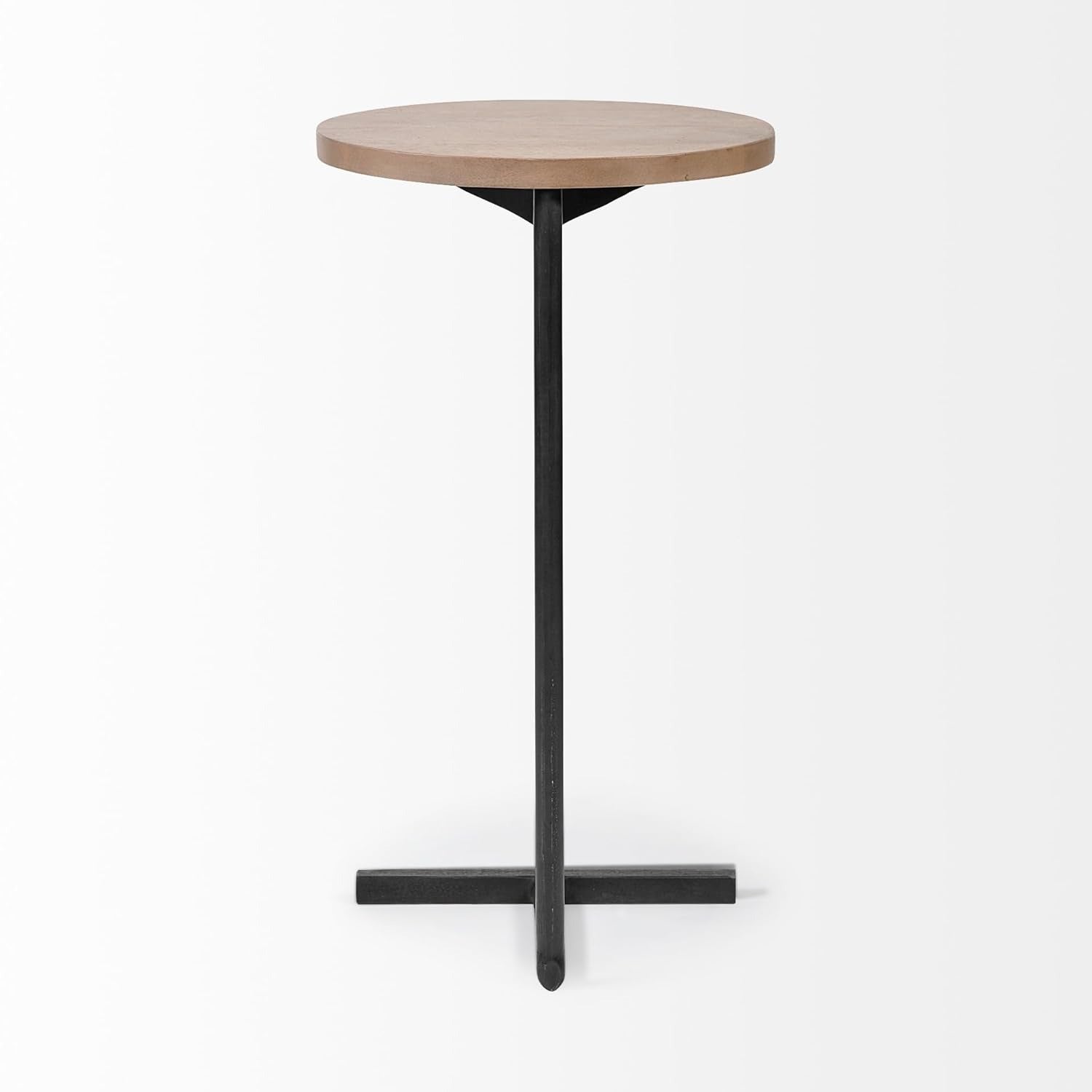 Modern Round Side Table, Wooden Top with Black Metal Base, C-Shaped Pedestal Design