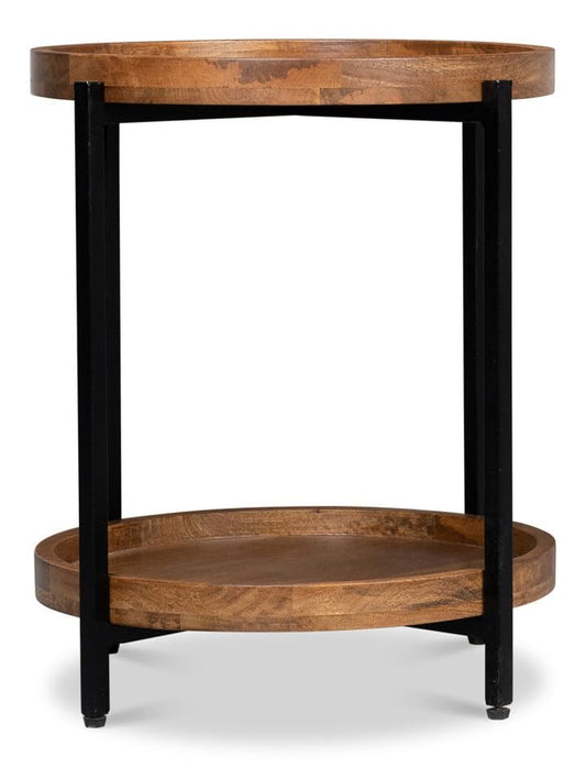 Round Side Table with Iron Frame, 56 cm x 61 cm, 2-Tier Mango Wood, Black Metal Base