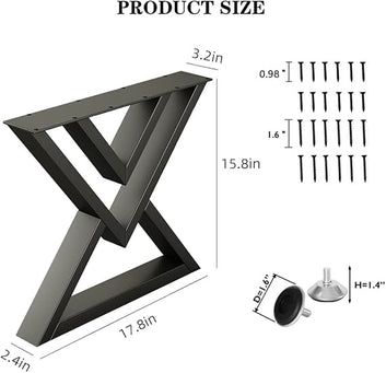 Modern X-Shape Metal Table Legs, Matte Black Steel, 17.8x15.8 Inch, Heavy Duty Furniture Base with Adjustable Feet, Industrial Style, for Dining Tables, Desks, DIY Projects
