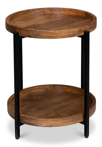 Round Side Table with Iron Frame, 56 cm x 61 cm, 2-Tier Mango Wood, Black Metal Base