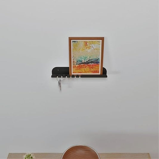 Modern Entryway Wall Shelf with Key Hooks, Metal Mail and Key Organiser, 25 cm Width, Black