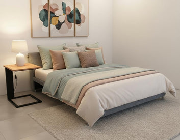 Modern C-Shaped Sofa Side Table, Solid Wood Top with Black Steel Base, Contemporary Laptop Desk for Living Room, 90x45x65 cm