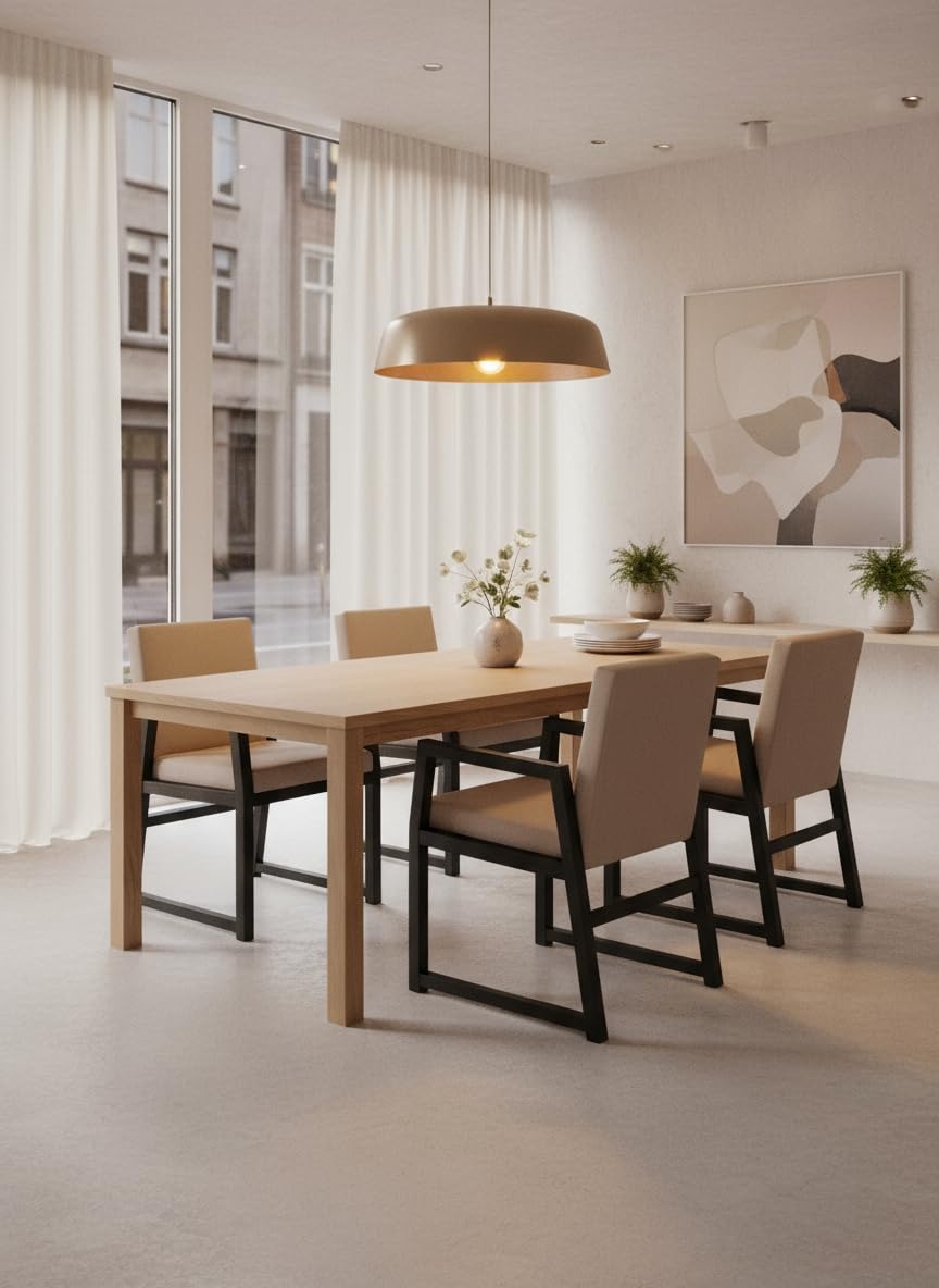 Modern Dining Chair with Armrests, Beige Fabric Upholstery, Black Metal Frame, Contemporary Design, 32x21x22 Inches, for Restaurant, Cafe, Home