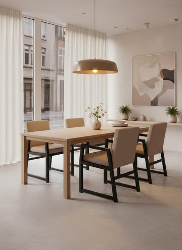 Modern Dining Chair with Armrests, Beige Fabric Upholstery, Black Metal Frame, Contemporary Design, 32x21x22 Inches, for Restaurant, Cafe, Home