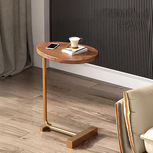 C-Shaped Side Table, Walnut Wood Top with Gold Metal Base, 72 cm Height, Living Room Sofa End Table (Golden)
