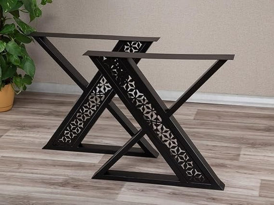 Industrial X-Shape Table Legs with Geometric Pattern, 71-74 cm Height, Heavy-Duty metal, Matte Black, Set of 2