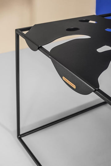 Modern Monstera Leaf Side Table, Square Coffee Table, Metal Frame, 50 x 50 x 45 cm (Black)