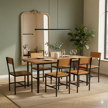 Modern Industrial Dining Chair, Natural Wood with Black Metal Frame, Ergonomic Design, 32 Inch Height, Indoor Use, Hotel, Cafe, Office, and Restaurant Style