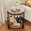 Modern Round Side Table, 2-Tier, Walnut Wood with Black Metal Frame, 45.7 cm