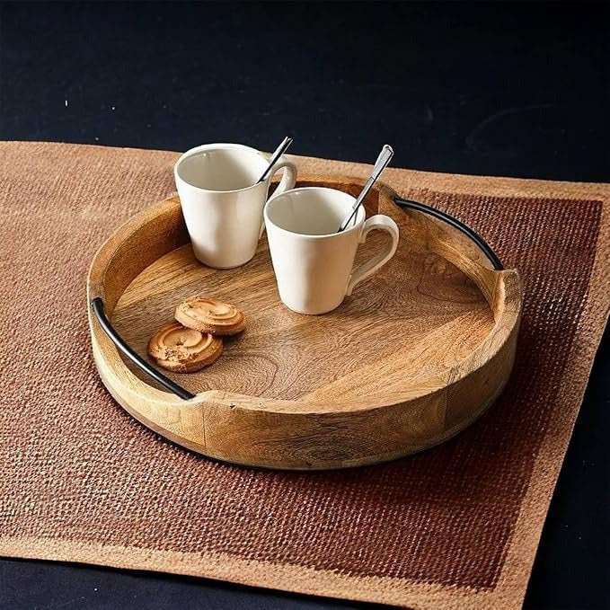 Medium Rustic Round Wooden Serving Tray – 10x10x2 Inches – Handcrafted Mango Wood Tray with Black Iron Handles – Decorative Rustic Tray for Kitchen, Dining Table, Coffee Table – Brown