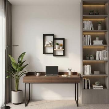 Modern Minimalist Wall Display Shelf, Black Metal Frame with Light Wood Shelves, Contemporary Wall-Mounted Storage Unit, 20x18x4.5 Inches