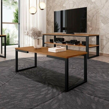 Modern Two-Tier Console Table, 160 cm Length, Wood and Metal Frame, Black