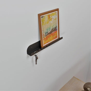 Modern Entryway Wall Shelf with Key Hooks, Metal Mail and Key Organiser, 25 cm Width, Black