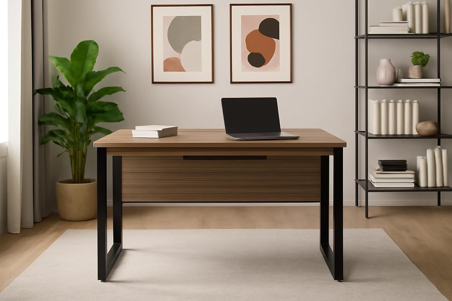 Modern Computer Desk with Wood Grain Finish, Black Steel Frame, Home Office Study Table