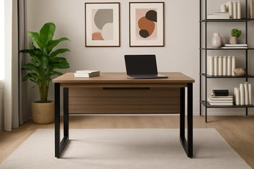 Modern Computer Desk with Wood Grain Finish, Black Steel Frame, Home Office Study Table