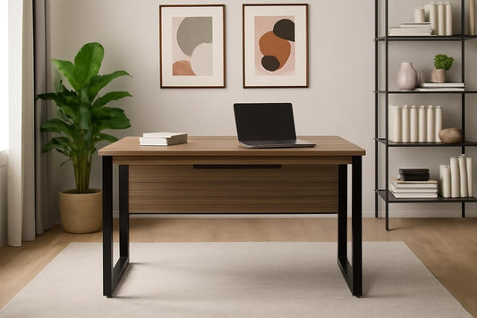 Modern Computer Desk with Wood Grain Finish, Black Steel Frame, Home Office Study Table