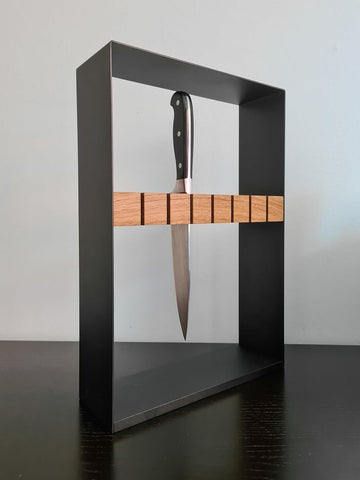 Modern Knife Holder Block, 44.5 cm Height, White Frame with Oak Strip, Wall-Mountable (Black)