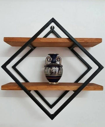 Diamond Frame Wall Shelf, Black Metal with Natural Wood, Modern Geometric Design, 48x40x10 cm, 2-Tier Display Shelf for Living Room, Office