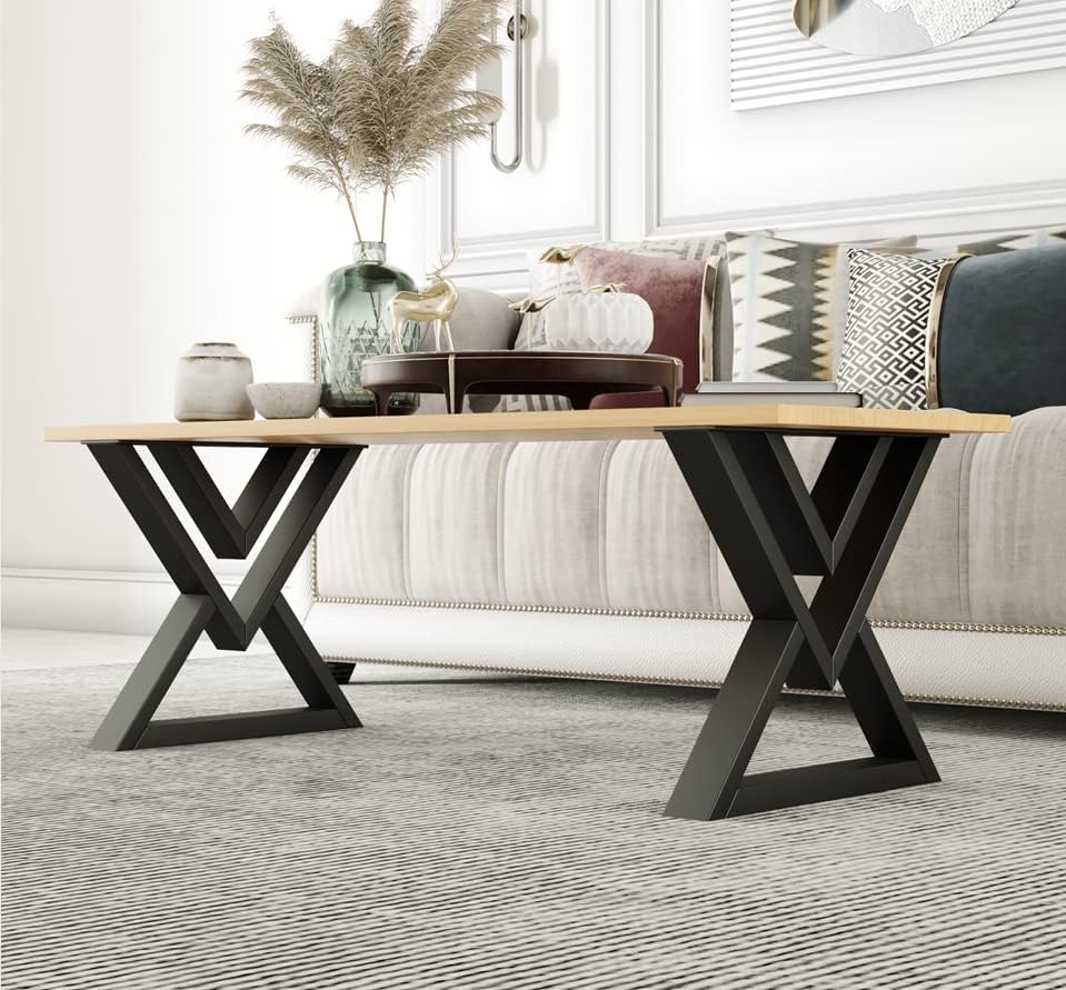 Modern X-Shape Metal Table Legs, Matte Black Steel, 17.8x15.8 Inch, Heavy Duty Furniture Base with Adjustable Feet, Industrial Style, for Dining Tables, Desks, DIY Projects