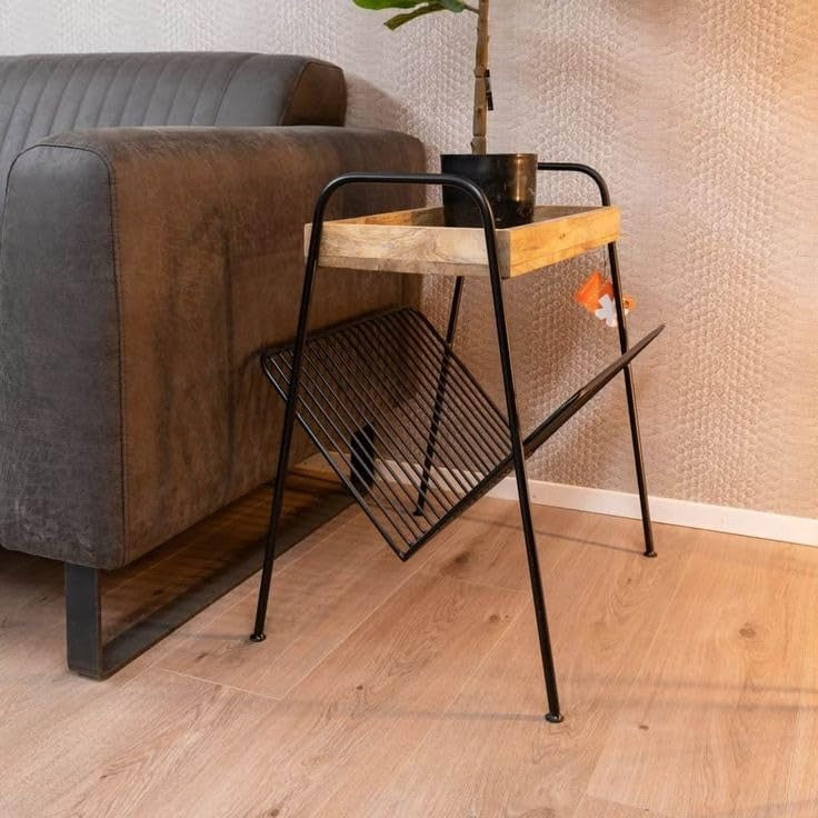 Side Table with Magazine Rack, Mango Wood Top, Metal Frame, 38.1 cm x 22.9 cm, Walnut and Black