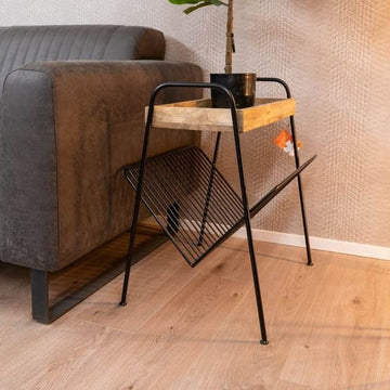 Side Table with Magazine Rack, Mango Wood Top, Metal Frame, 38.1 cm x 22.9 cm, Walnut and Black