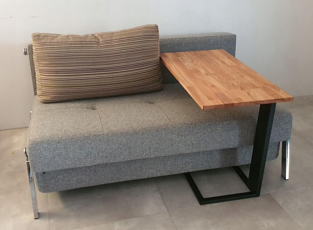 Modern C-Shaped Sofa Side Table, Solid Wood Top with Black Steel Base, Contemporary Laptop Desk for Living Room, 90x45x65 cm