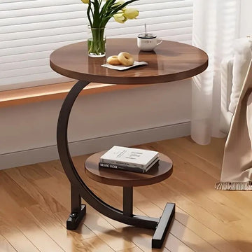 C-Shaped Side Table, Walnut Brown, Wood and Metal, 64x40x21.5 cm, Dual Round Shelves, Contemporary Storage End Table for Living Room