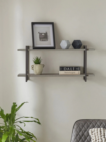 Modern Wall Mounted Double Shelf, Grey Wood with Metal Frame, 75x35x20.8 cm, Living Room Kitchen