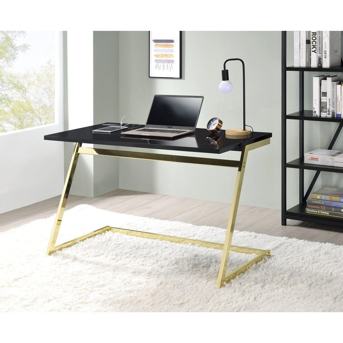 Modern Computer Desk, 120 x 55 cm, Black Tabletop with Gold Z-Frame, 76 cm Height