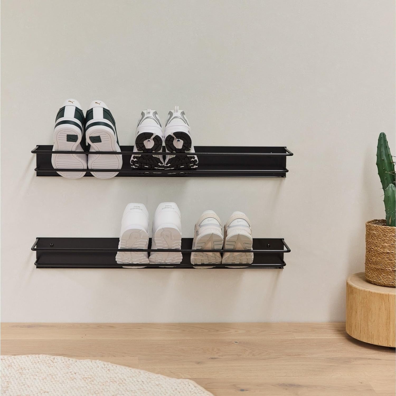 Wall-Mounted Shoe Rack Set, 80 cm Length, Black Metal, Holds 3 Pairs (BLACK)