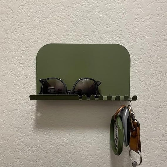 Modern Metal Wall Shelf with Key Hooks, 23 x 15 x 5 cm, Green, Floating Storage Organizer