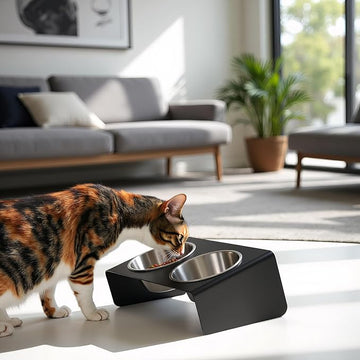 Elevated Double Pet Feeding Bowl, Stainless Steel Bowls with Black Metal Stand, Modern Design for Dogs and Cats