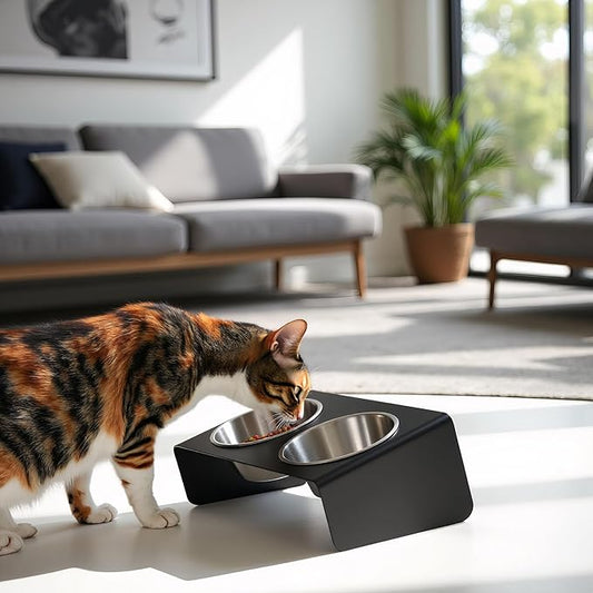 Elevated Double Pet Feeding Bowl, Stainless Steel Bowls with Black Metal Stand, Modern Design for Dogs and Cats