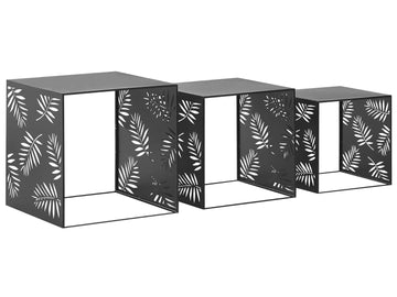 Decorative Metal Nesting Side Tables, Set of 3, Palm Leaf Pattern, Black, 31-41 cm