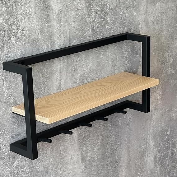 Modern Wall-Mounted Shelf with Hooks, Black Metal Frame, Natural Wood, Entryway Organiser