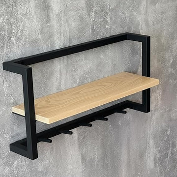 Modern Wall-Mounted Shelf with Hooks, Black Metal Frame, Natural Wood, Entryway Organiser