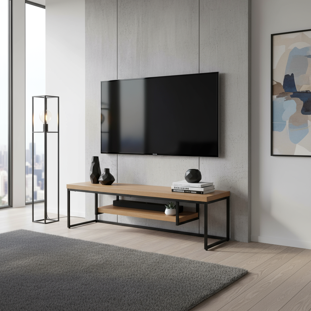 Modern Wooden Table with Storage Shelf, Natural Wood and Black Metal Frame, Rectangle