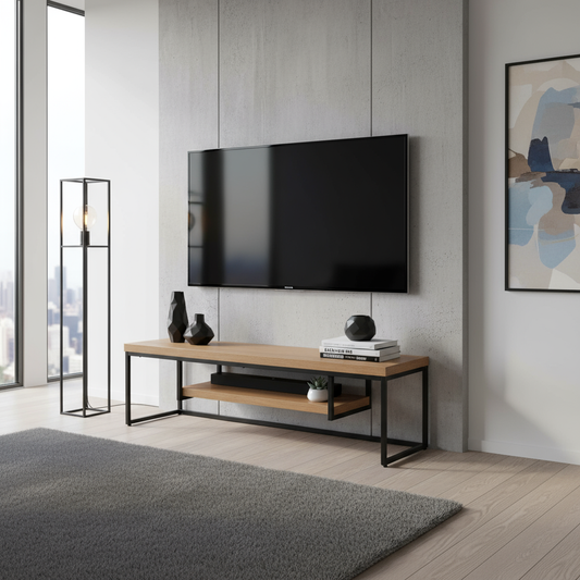 Modern Wooden Table with Storage Shelf, Natural Wood and Black Metal Frame, Rectangle