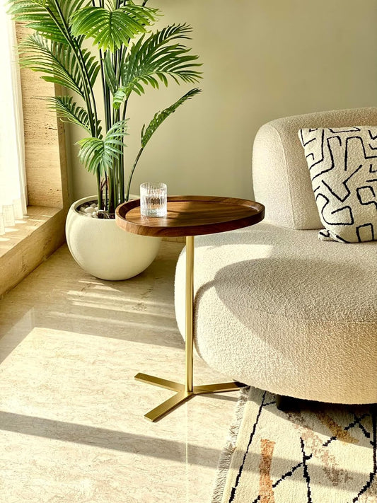 Modern C-Shaped Side Table, Walnut Wood Top with Gold Metal Base, 45 x 30 x 60 cm
