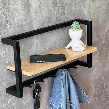 Modern Wall-Mounted Shelf with Hooks, Black Metal Frame, Natural Wood, Entryway Organiser