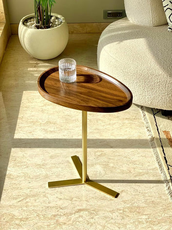 Modern C-Shaped Side Table, Walnut Wood Top with Gold Metal Base, 45 x 30 x 60 cm