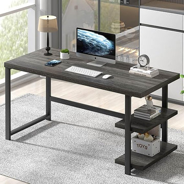 Computer Desk with Storage Shelves, 53 x 23.6 Inch Large Office Table, Grey Wood Top, Black Metal Frame, Industrial Style