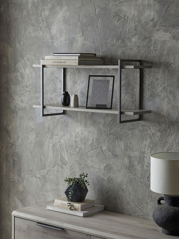 Modern Wall Mounted Double Shelf, Grey Wood with Metal Frame, 75x35x20.8 cm, Living Room Kitchen