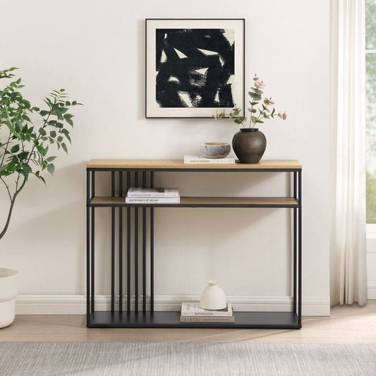 Modern Console Table, Black Metal Frame with Wood Top, 3-Tier Storage Shelves, Industrial Minimalist Design for Entryway, Living Room