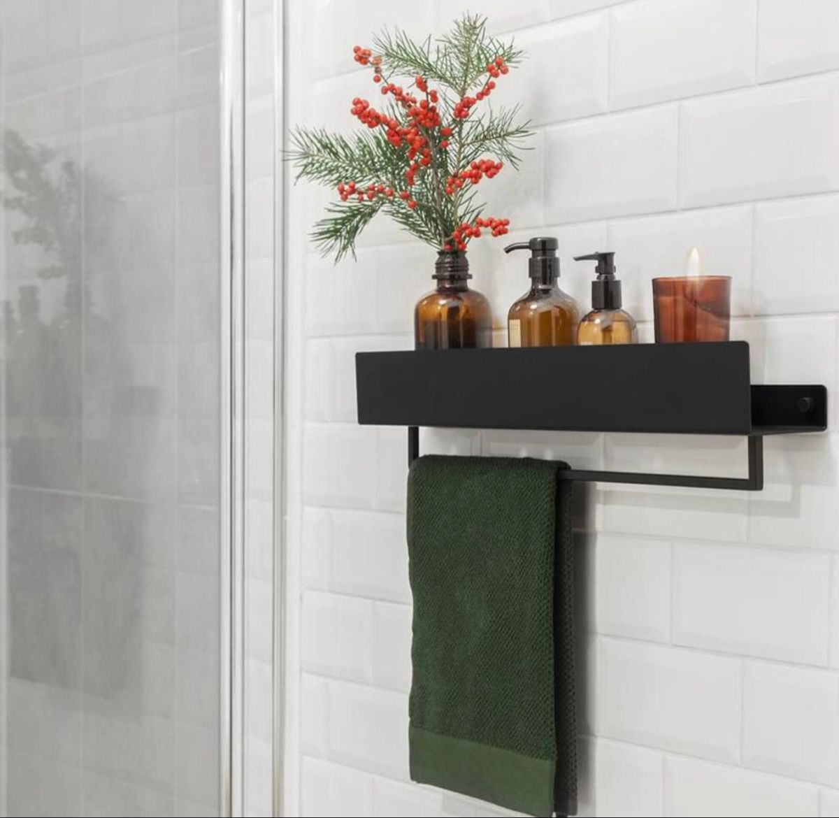 Modern Wall-Mounted Bathroom Shelf, Matte Black Metal, Towel Bar and Storage Shelf