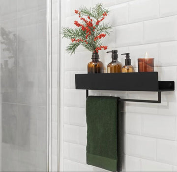 Modern Wall-Mounted Bathroom Shelf, Matte Black Metal, Towel Bar and Storage Shelf